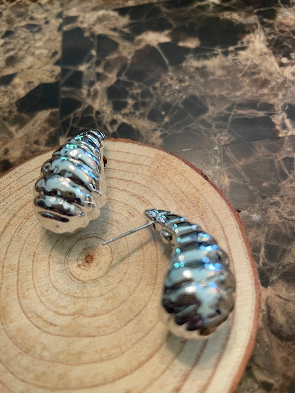 Silver Shell Shaped Post Earrings - Picture 3 of 7